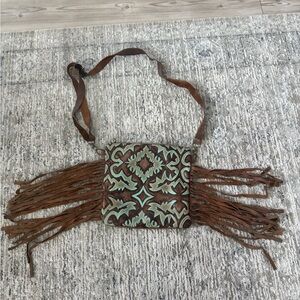 Brown and Turquoise Fringe Leather Purse